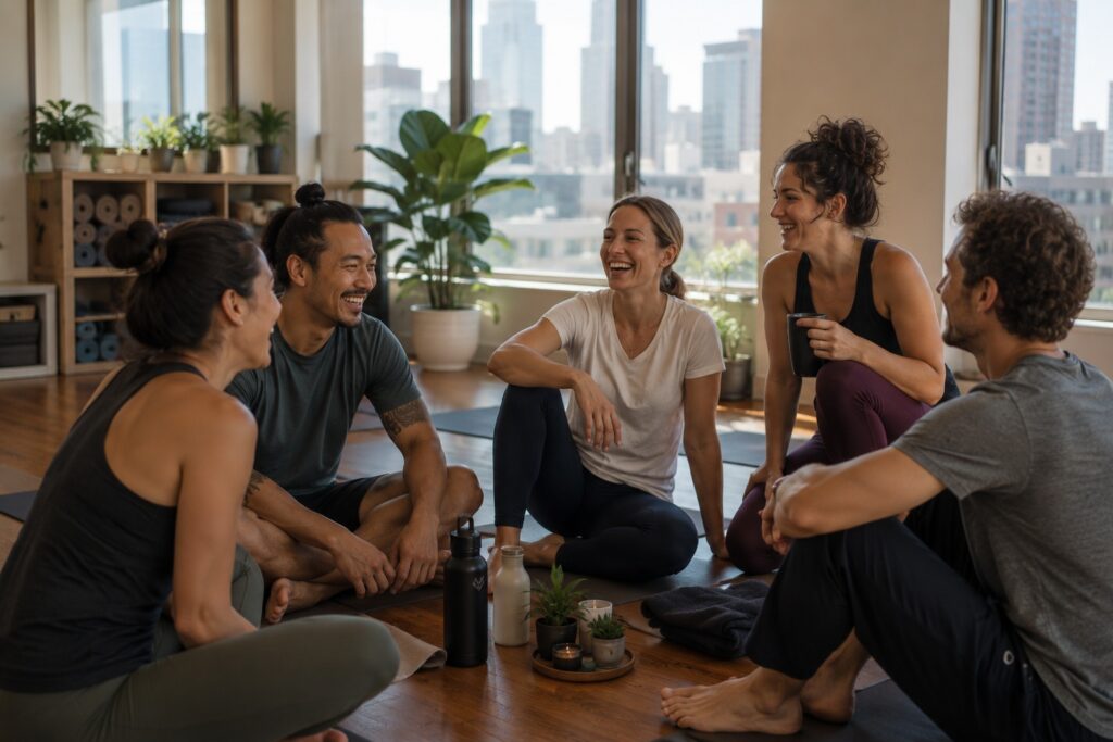 group in yoga studio after practicing in community