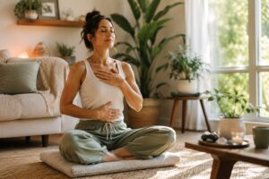 woman practicing breathwork in her living room